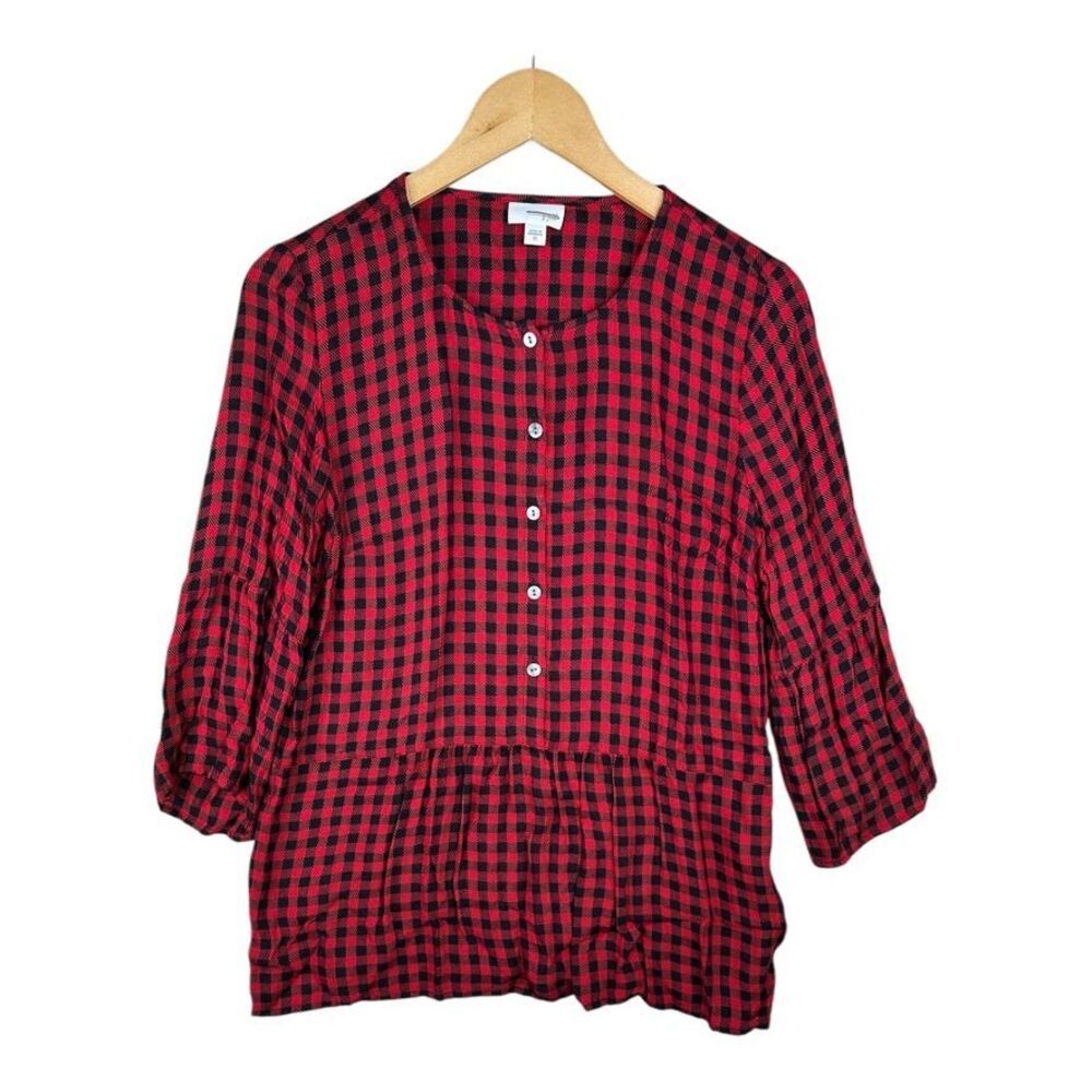 J. Jill Women's Plaid Button-Up Peplum Top 3/4 Sleeve Blouse‎ Size XS Red Black